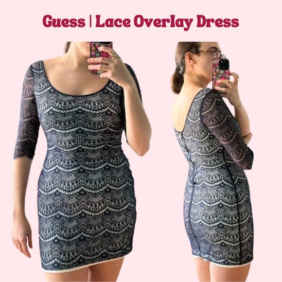 GUESS Navy Blue Lace Overlay Mini Dress - Picture 1 of 8